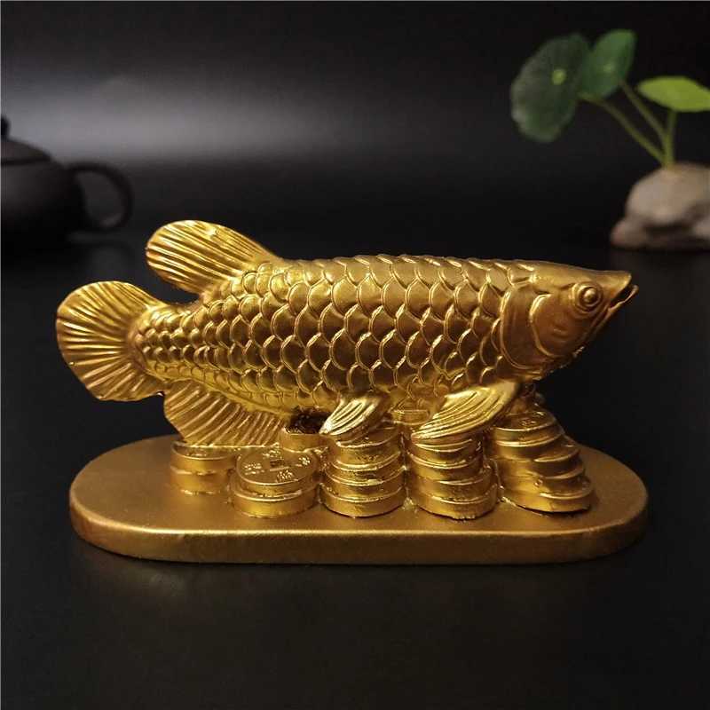 Gold Arowana Fish Statue Chinese Feng Shui Lucky Ornament Resin Craft Home Decoration GiftT260302