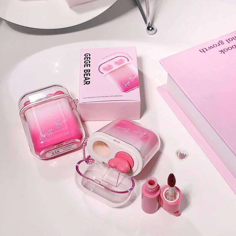 GEGE BEAR Heart-beating Water Gloss Velvet Combination Two-pack Mirror Matte Headphone Shaped Pendant Lip Glaze H260302