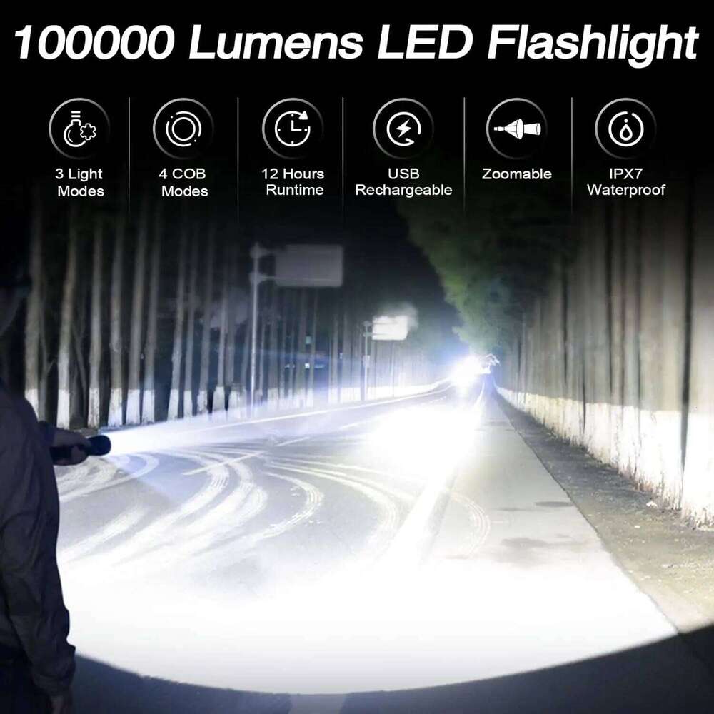Rechargeable LED Flashlight 99,000 Lumens, 7 Modes, IPX7 Waterproof for Camping & Home 2 Pack Z260301
