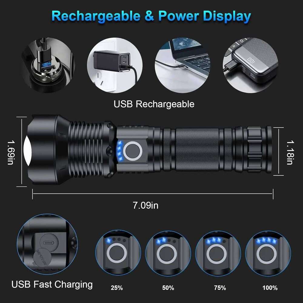 Super Bright 90000 Lumens Rechargeable LED Flashlight with 5 Modes, Long Life for Home and Outdoor Use Z260301