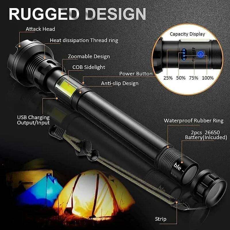 Powerful LED Flashlight COB Side Work Light USB Rechargeable Zoomable Suitable Self-defense Hand Lamp Outdoor Camping Lantern Z260301