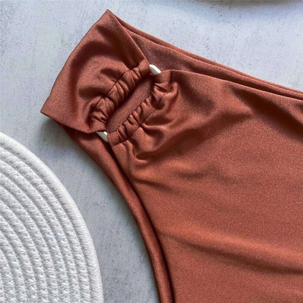 Brown Shiny U Shaped Bikini High Waist Sexy Swimsuit Women 2026 Wrinkled Solid Swimwears Bathing Suit Bandeau Bikinis Sets Mujer Z260301