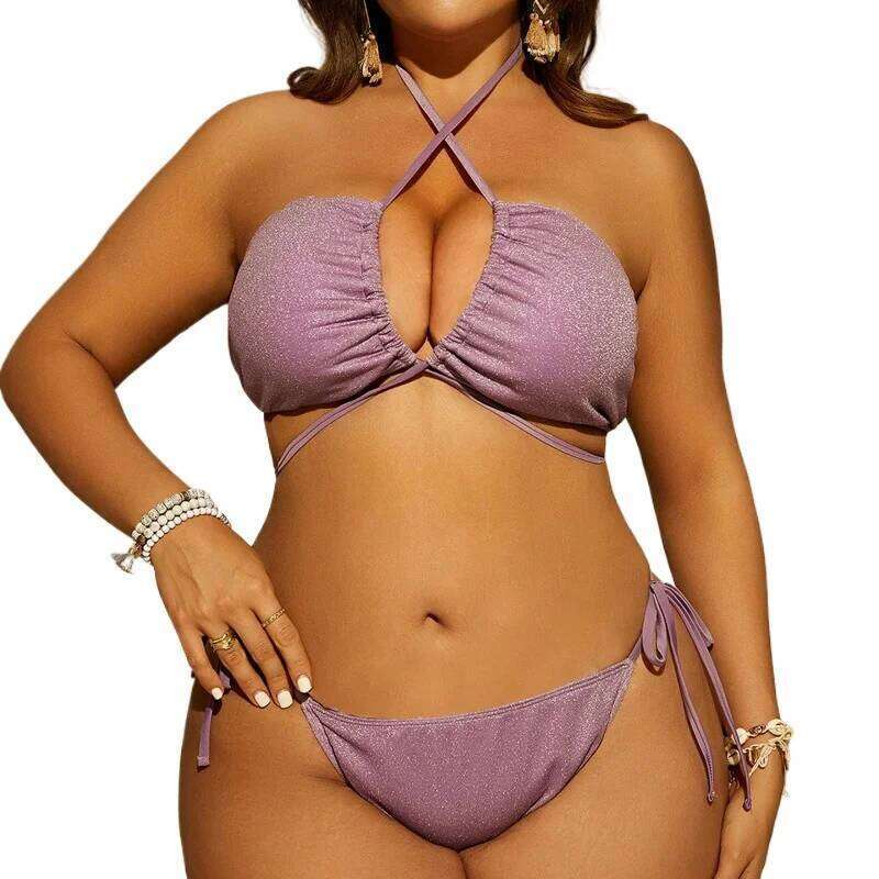 Genuine Plus Size Swimsuit Bikini, Sexy Three-point Gold Powder Lavender Three-piece Set, Seaside Vacation Strap Clothign Set Z260301