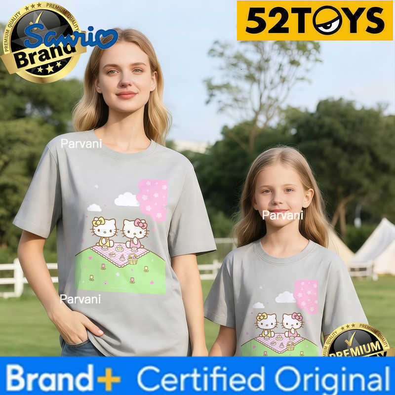 Sanrio 2026 Autumn-Winter Trending Hello Kitty Picnic Print 100 Cotton Parent-Child T-Shirts High Quality Loose Casual Breathable H260302