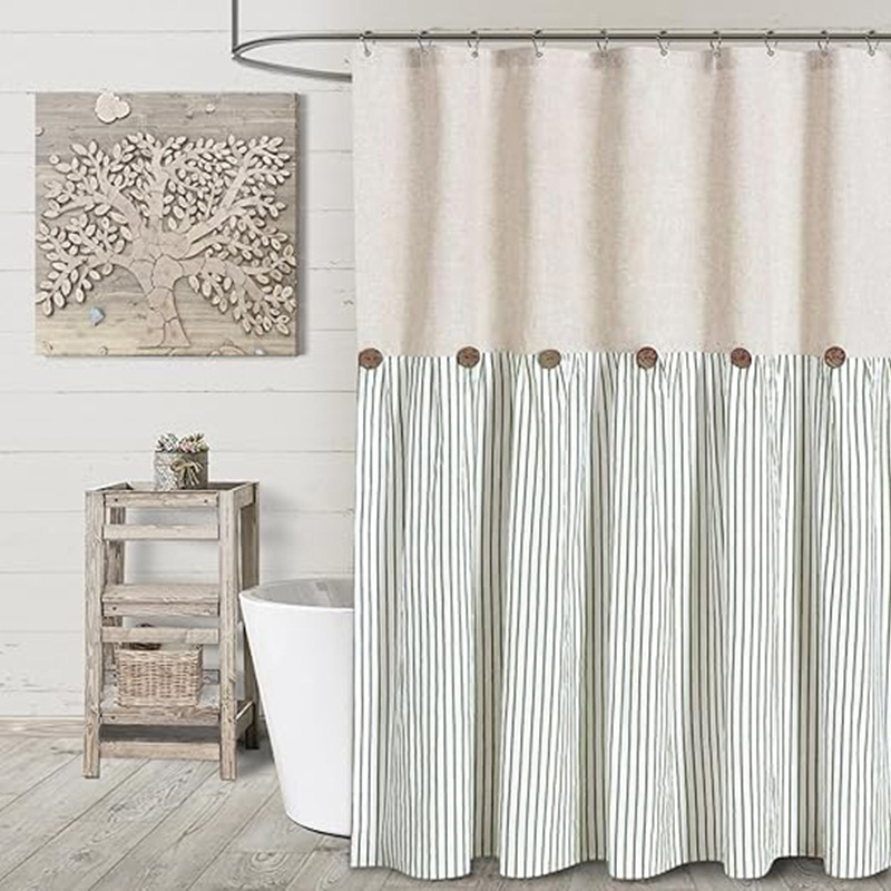 YL-38285 Button-Patchwork Skirted Bathroom Shower Curtain, Waterproof Cotton Linen, Supply of Button Linen Bathroom Curtain