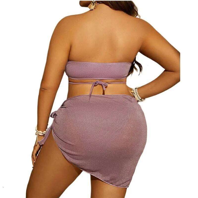 Genuine Plus Size Swimsuit Bikini, Sexy Three-point Gold Powder Lavender Three-piece Set, Seaside Vacation Strap Clothign Set Z260301