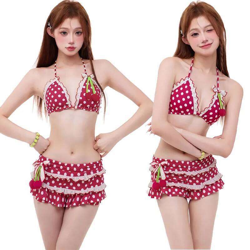 Lolita Cute Dots Ruffles Patchwork Holiday Beach 2 Piece Set Women Lace Up Halter Bra Tops + Shorts Summer Bathing Suit Swimwear Z260301