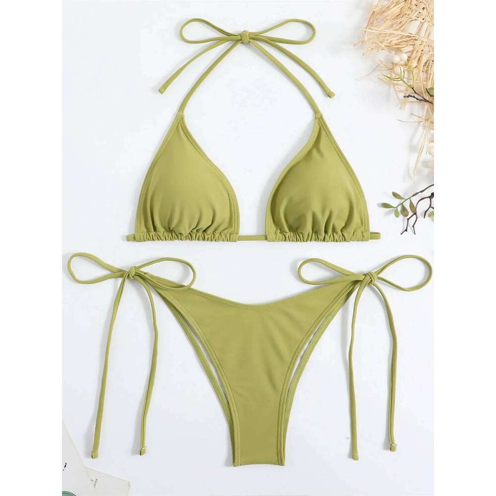 Sexy Brown Bikini 2025 Women Solid Red Halter Push Bra Tie Side Triangle Swimsuit Summer Bathing Suit Lace Up Micro Swimwear Z260301