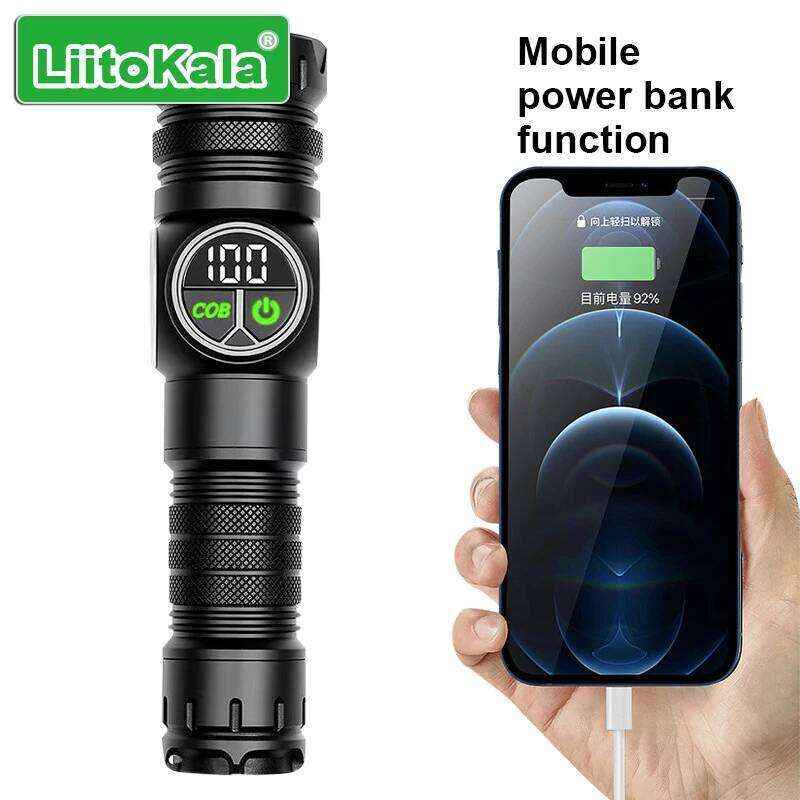 LiitoKala Digital Display Flashlight COB Side Light Compatible with 18650/26650 Batteries Handheld Tactical LED Lamp Z260301