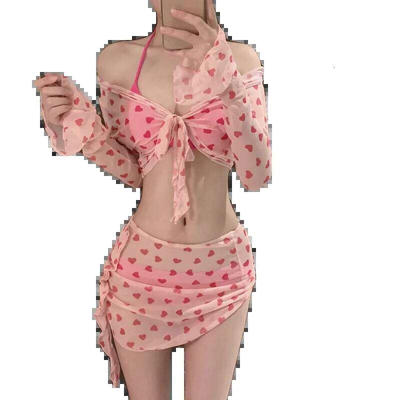 2025 Summer Pink Swimwear Women Sweet 4 Pcs Sets Bathing Suit Beach Holiday Spicy Girl Split Swimsuit Bikini Set Z260301