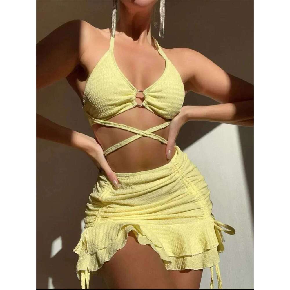 Sexy Yellow Bikini Women Solid Halter Ring Linked Criss Cross Cover Up 3 Piece Swimsuit 2025 Bathing Suit Ruffles Skirt Swimwear Z260301