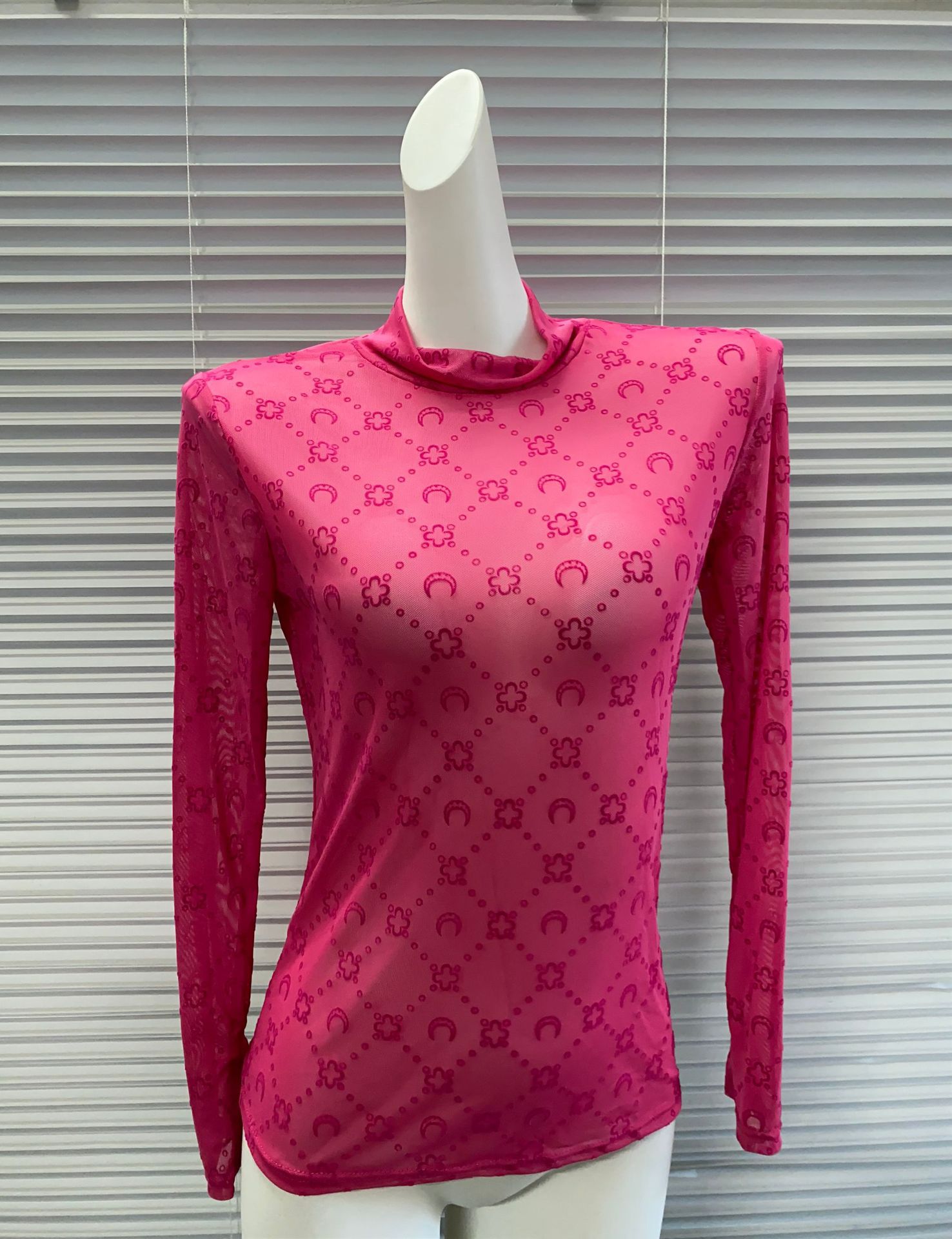 2026 Autumn Winter Turtleneck Mesh, Quilted Pattern, Thumbhole Long Sleeve, Sexy Design, Moon Print Flocked Sheer Top & Bottoms