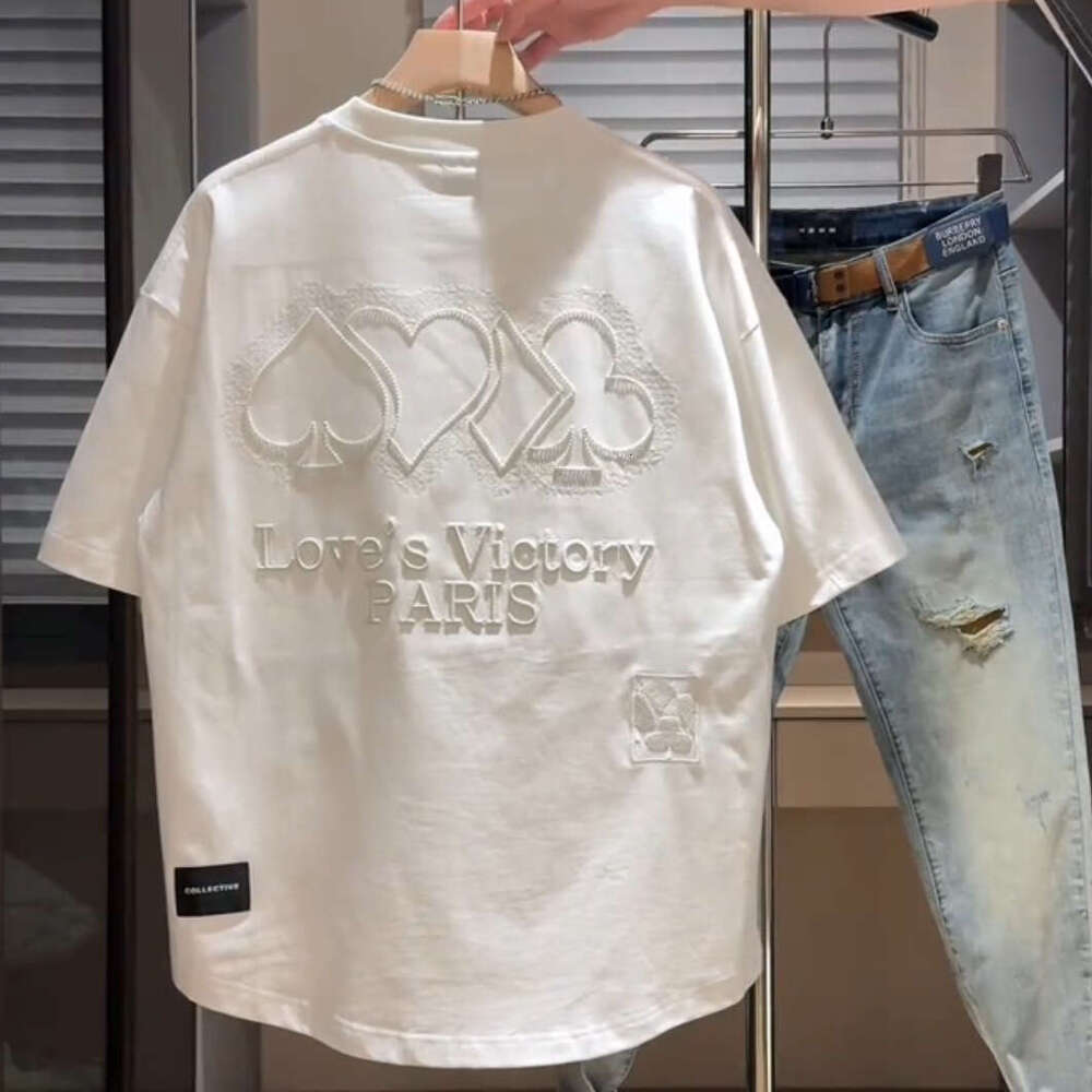 Summer New Heavy Embroidered Letter Crew Neck Short Sleeve Men's Trendy Loose Fit Breathable Turtleneck T-Shirt Base Shirt