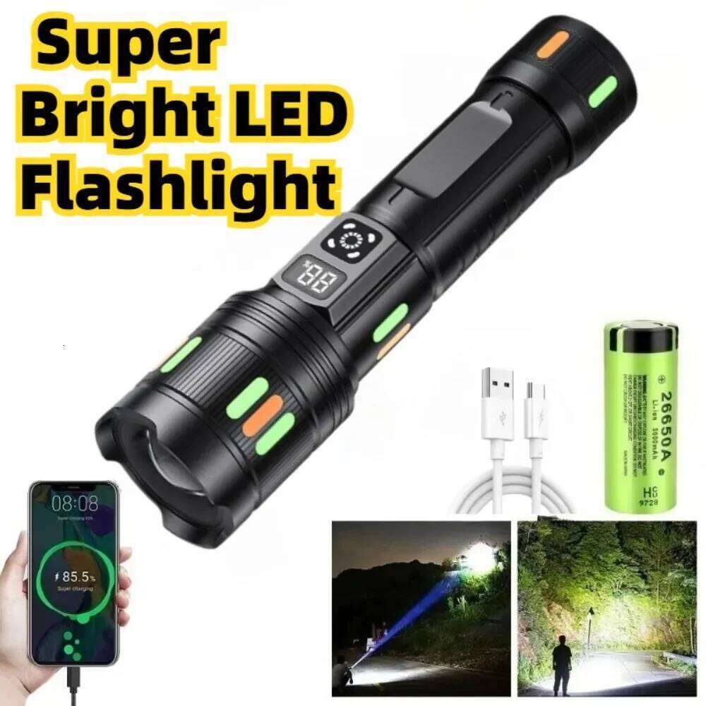 Powerful Long Range LED Flashlight Type-C Charging Zoomable Three Level Dimming Mode Handlamp for Camping Z260301