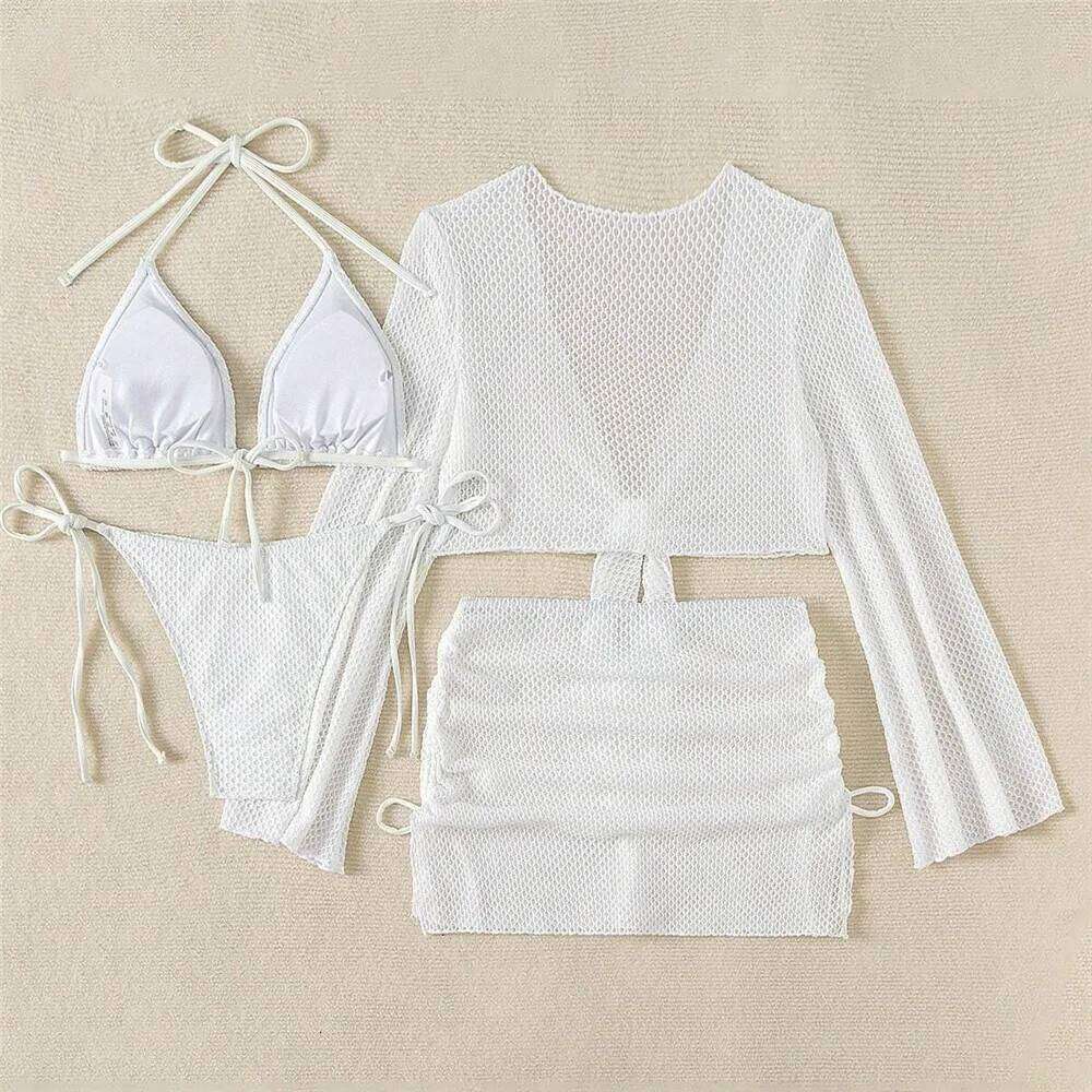 Solid White Mesh Cover Up 4 Piece Bikinis Set Swimwear Sexy Swimsuit Women Bather Halter String Triangle Micro Bikini Thong 2025 Z260301