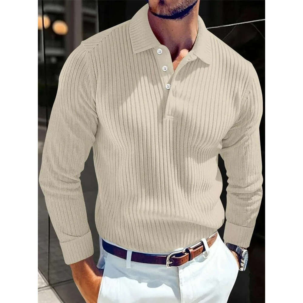 Polos Classic Long Sleeved Polo Shirt Casual Lapel Button Up Solid Color Soft Comfortable Autumn Top With Elastic Pit Strip Men's Clothing - view 6