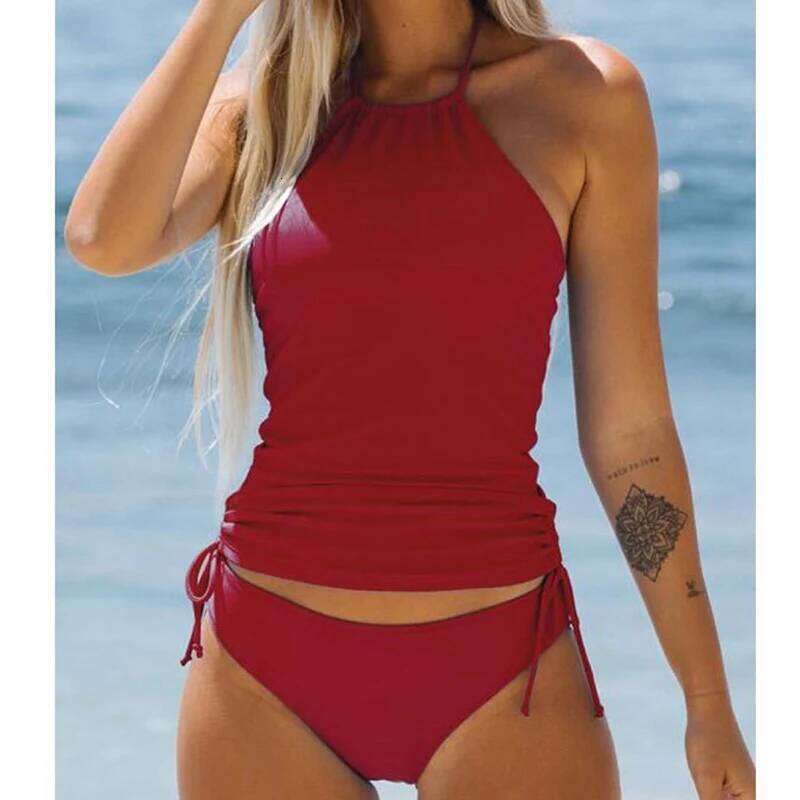 Women Split Solid Color Side Drawstring Halter Vest Tankini Set Swimsuit Female Bathers Bathing Swimming Swim Suit Z260301