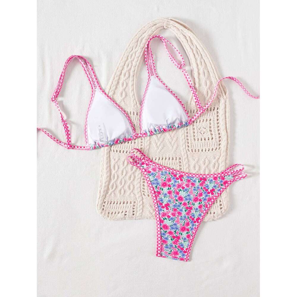 Sexy Orange Print Micro Bikini 2025 Women Double Strap Push Up Bra Hollow Out Thong Swimsuit Beach Bathing Suit Holiday Swimwear Z260301