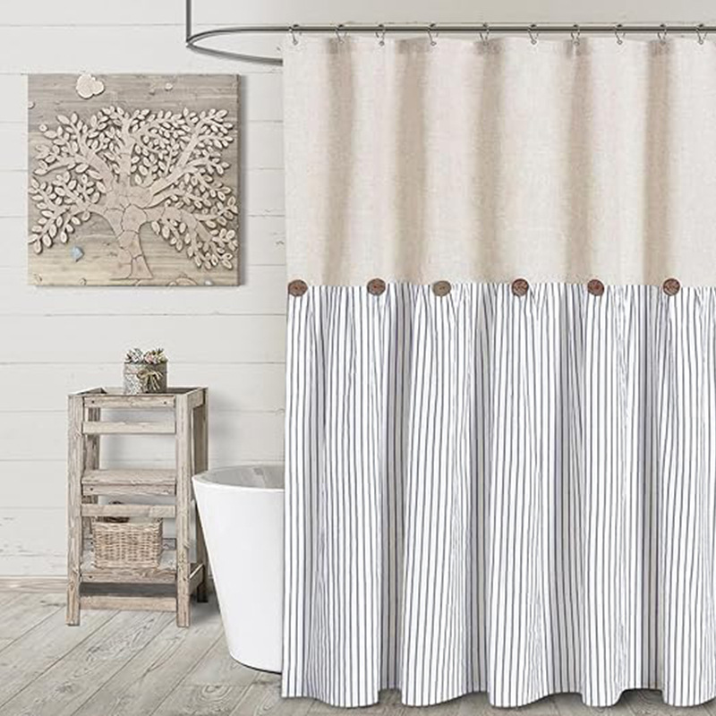 YL-38285 Button-Patchwork Skirted Bathroom Shower Curtain, Waterproof Cotton Linen, Supply of Button Linen Bathroom Curtain