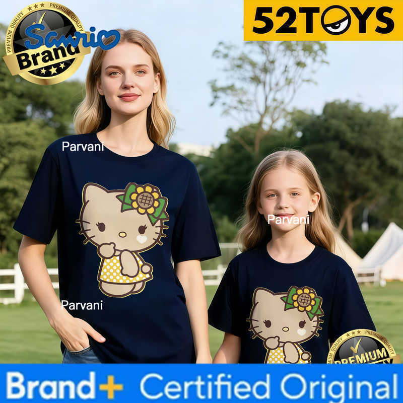 Sanrio 2026 Autumn-Winter Trending Hello Kitty Sunflower Print 100 Cotton Parent-Child T-Shirts High Quality Loose Casual Fashion H260302