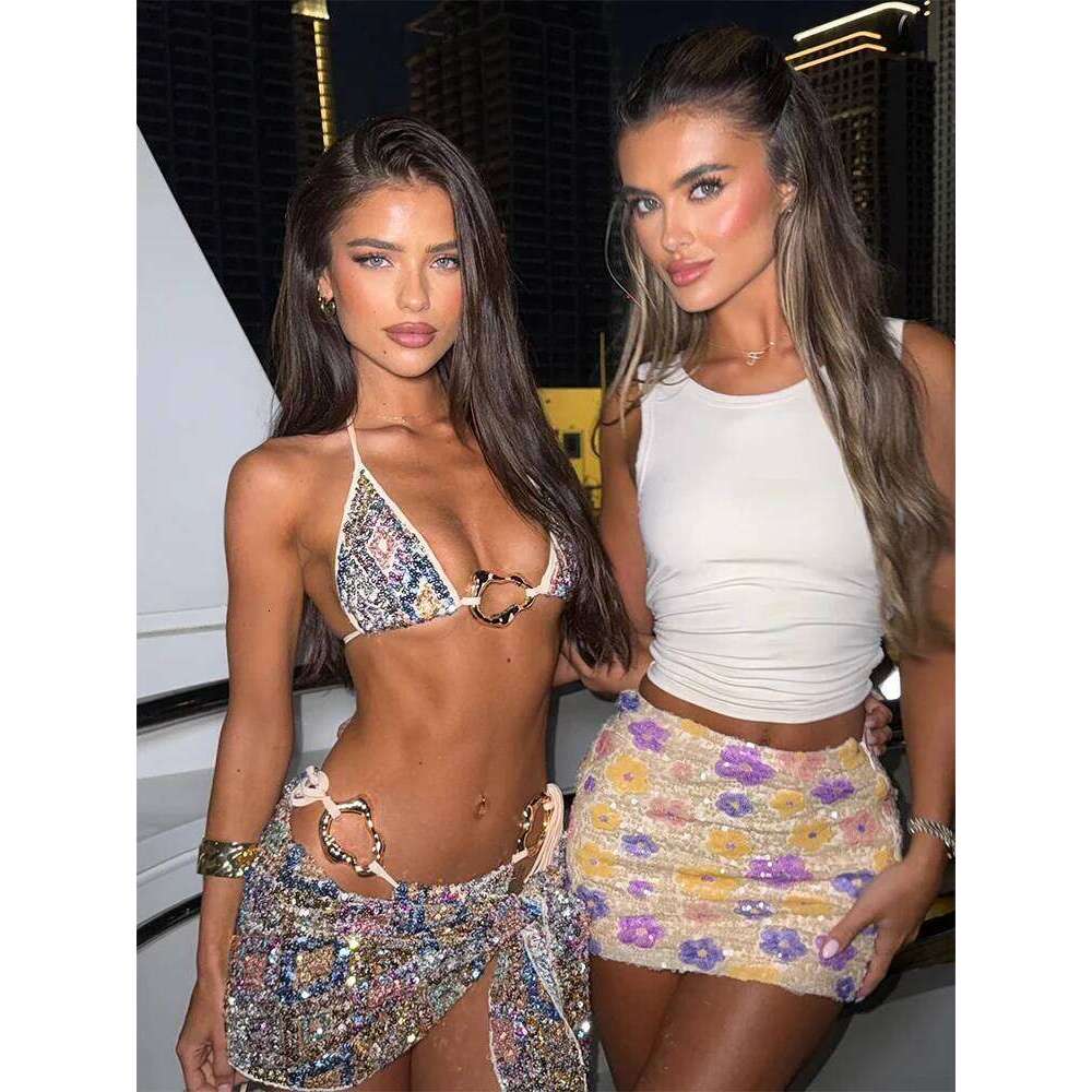 Sexy Sequin Bikini Skirt Sets Women Fashion Holiday Top Ribbon Mini Skirts Female 2026 Summer Beach Lace Up Suits Lady Z260301