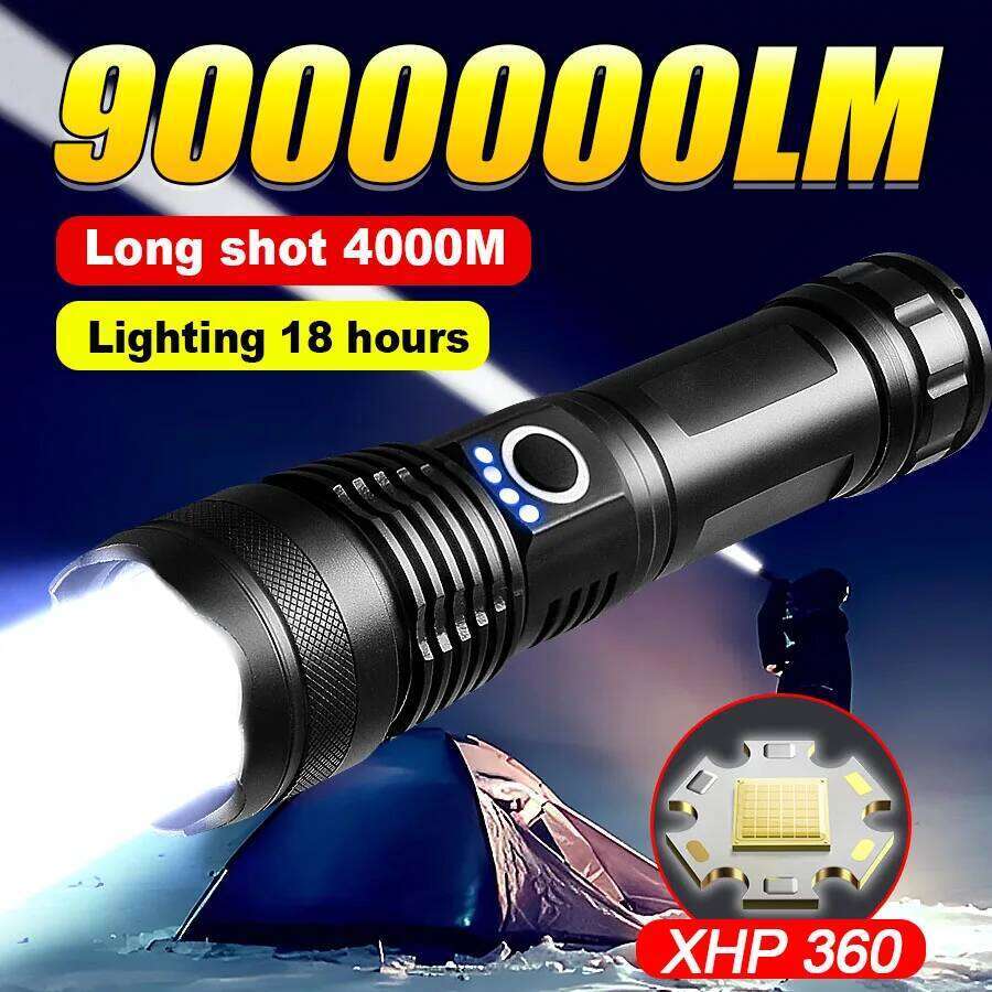 900000LM Strong Light Alloy Flashlight XHP360 LED Tactical Torch Rechargeable Spotlights Outdoor Fishing Camping Lamp Z260301
