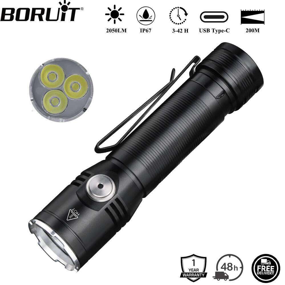 BORUiT ET20 2050LM Super Bright 3*LED Flashlight Type-c Rechargeable 6-Mode Torch Waterproof Emergency Camping Lantern Z260301