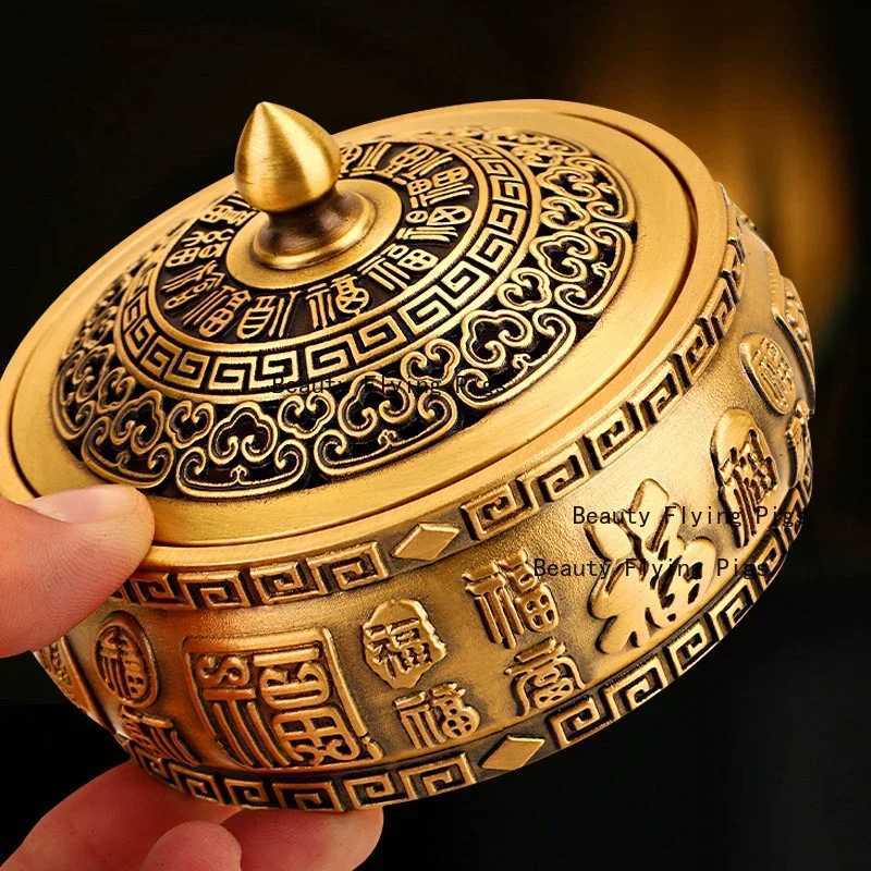 1pc Metal Ashtray Flat Bottomed Ashtray with Lid Desktop Ornament Buddhist Temple Utensils Incense Burner Home DecorationT260302
