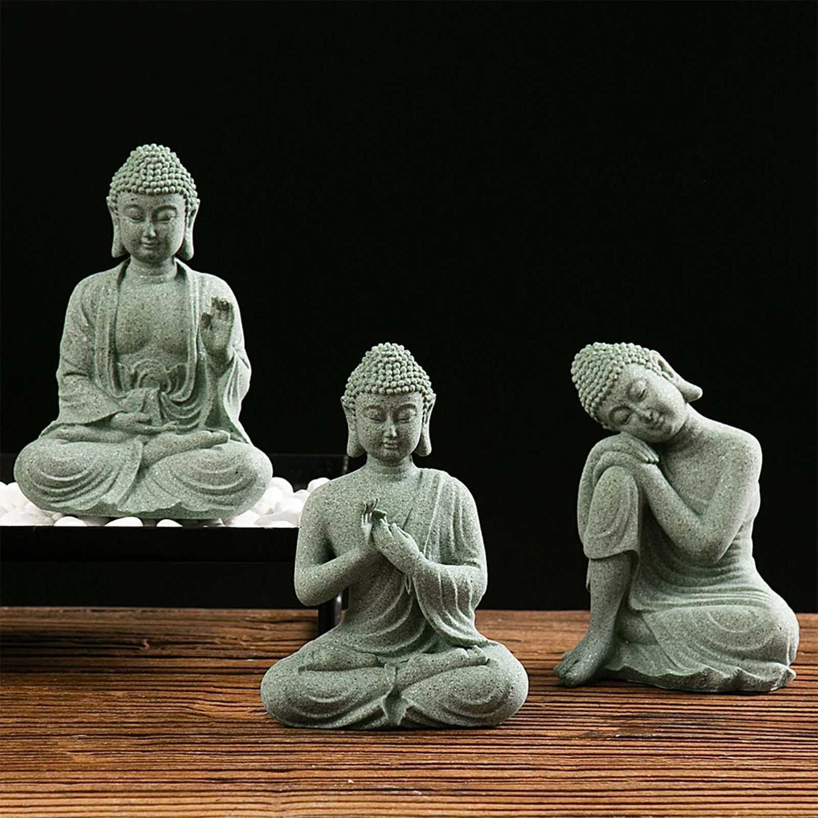 Green Sandstone Buddha Statue Home Altar Meditation Room Zen Buddhist Sculpture Spiritual OrnamentT260302