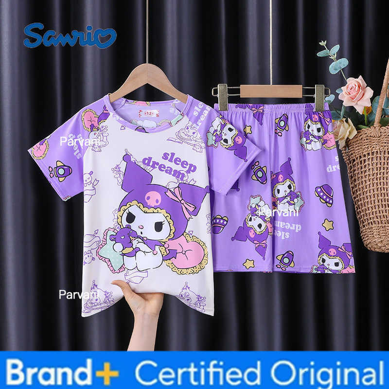 Sanrio Girls Pajamas Summer Short Sleeved Casual Two-piece Set Cartoon Cute Anime Kuromi Cinnamoroll Children Short Sleeved Set H260302