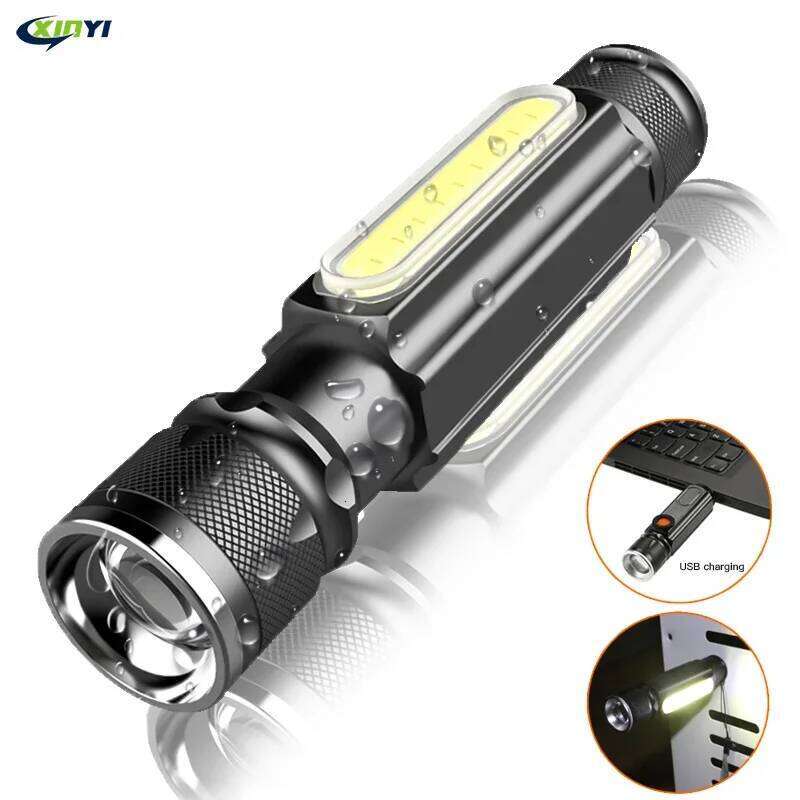 USB Rechargeable Multifunctional LED Flashlight Built-in battery Powerful T6 torch Side COB tail magnet Work Light Z260301