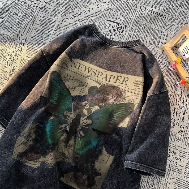Vintage Butterfly Washed T-Shirt, Unisex Niche High-Street Wholesale Tees