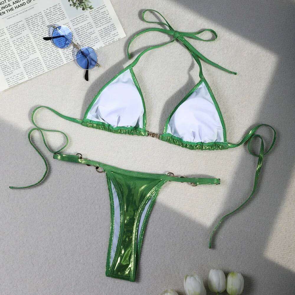 2025 New PU Faux Leather Halter Mini Thong Female Swimsuit Women Swimwear Two-pieces Bikini Set Bather Bathing Suit Swim Z260301