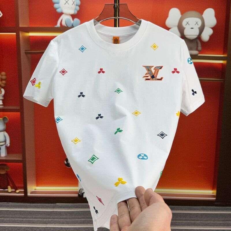 European And American Light Luxury High-End Embroidery Short Men's Trendy Brand Cool Round Neck Regular Shoulder T-Shirt Summer Fashion Casual Ha