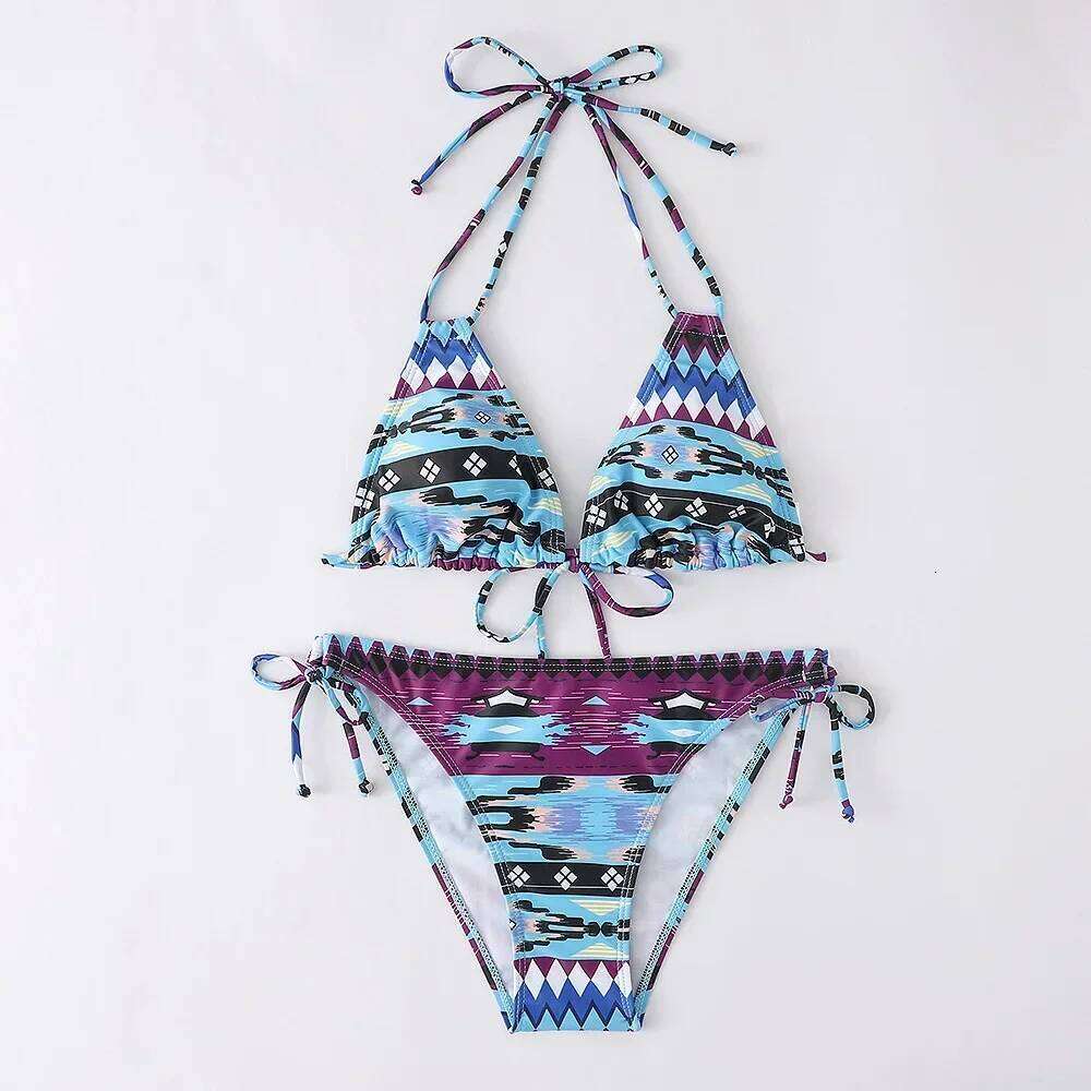 Women'S Split Sexy Print Bikini Swimwear Set Halter Neck Lace-Up Backless Low Waist Side Tied Beach Wear Ladies Bathing Suit Z260301