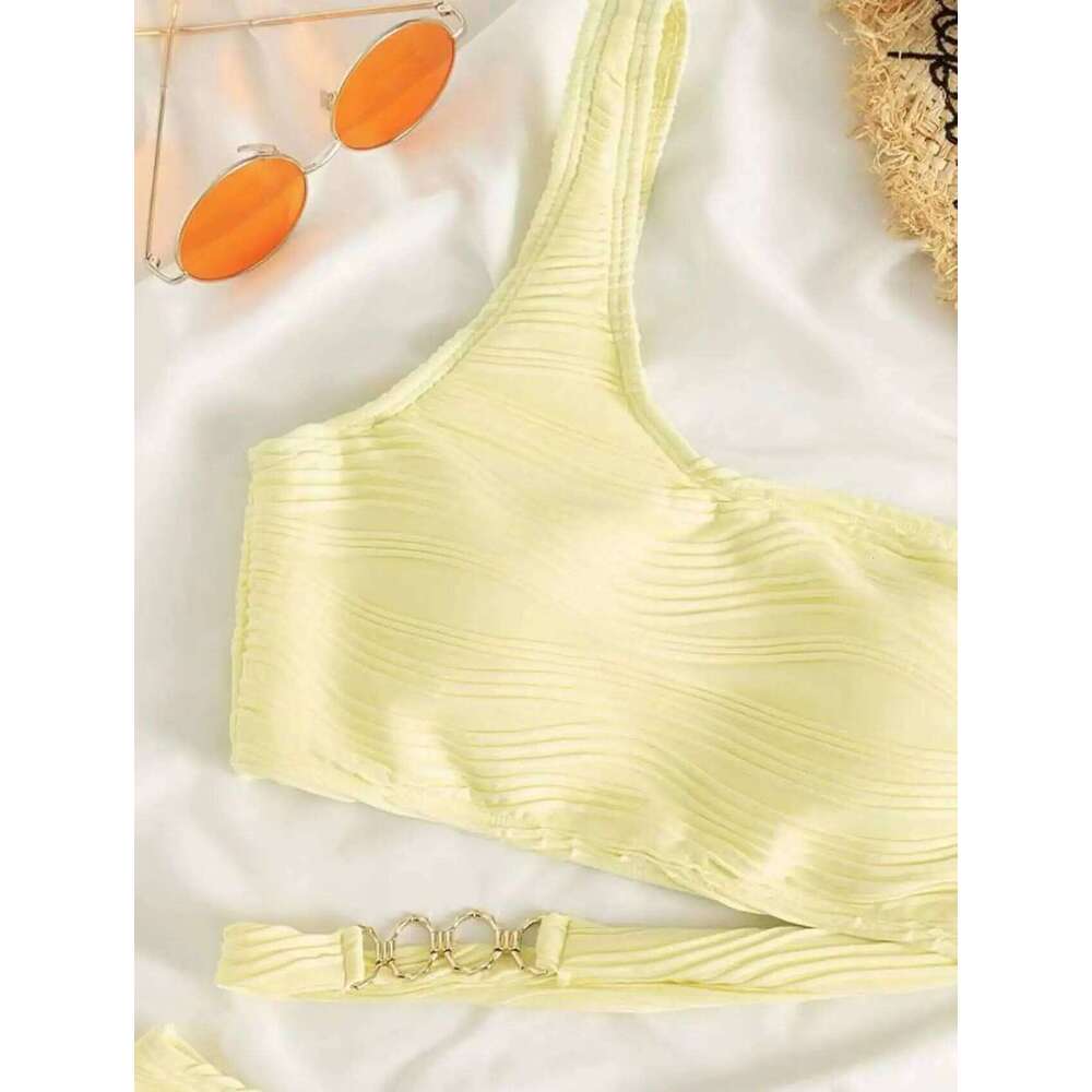 Sexy One Shoulder Wrinkled Metal Ring Women Swimwear Female Swimsuit Two-pieces Bikini set Bather Bathing Suit Swim Z260301