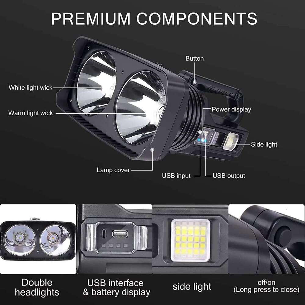 Powerful Dual LED Searchlight 2*XHP50 Waterproof Spotlight USB Rechargeable Super Bright Outdoor Flashlight With Side Light Z260301