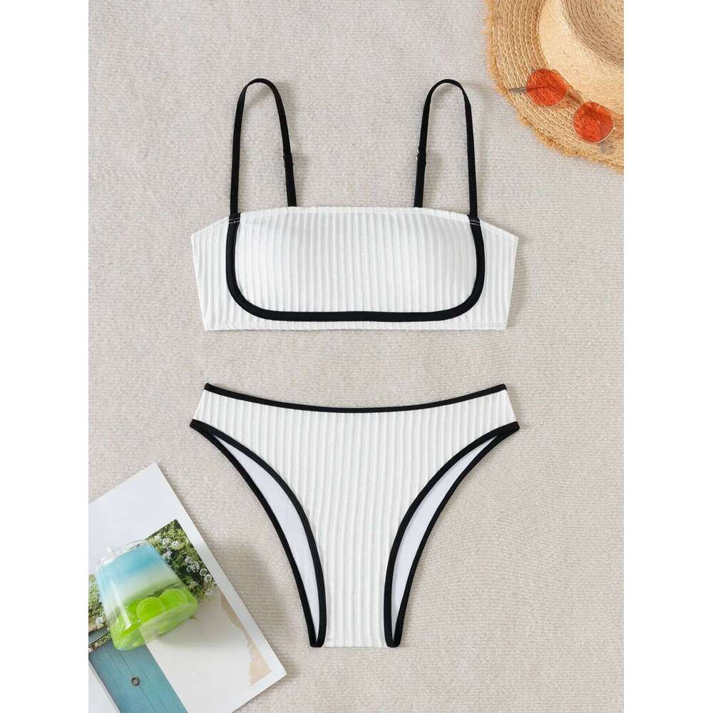 2025 Rib Piping Bandeau High-Rise Bottoms Bikini Set Trendy Beachwear Straight Neckline High Rise Swimwear Swimsuit Bathing Suit Z260301