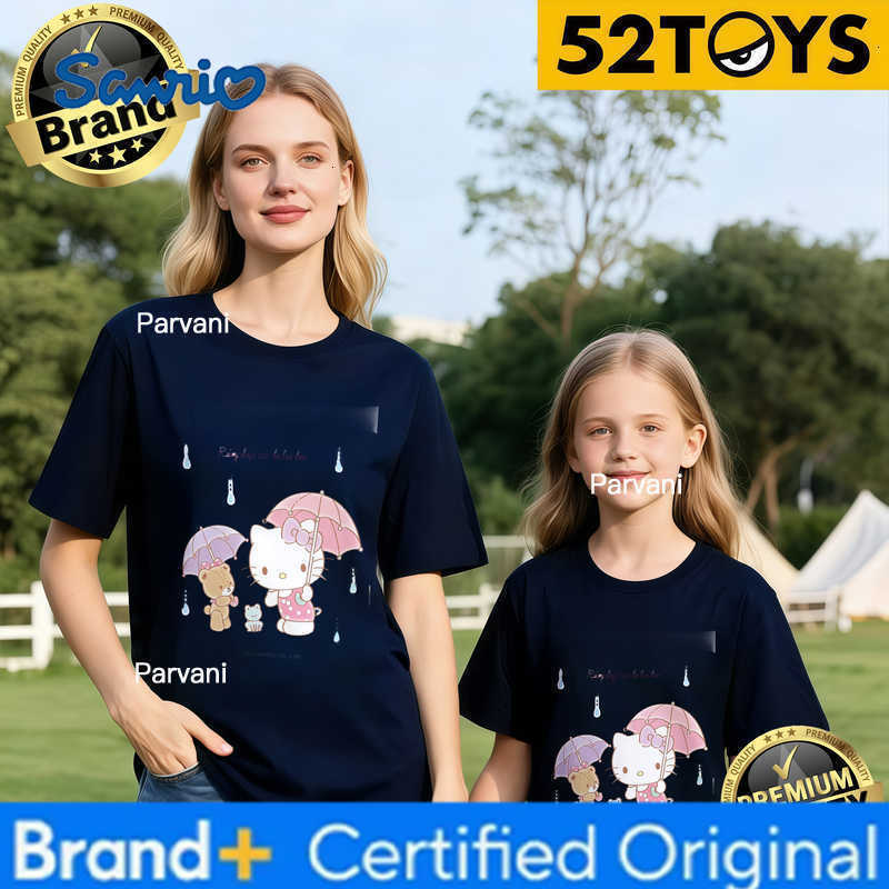 Sanrio 2026 Autumn-Winter Trending Hello Kitty Rainy Day Print 100 Cotton Parent-Child T-Shirts High Quality Loose Casual Fashion H260302