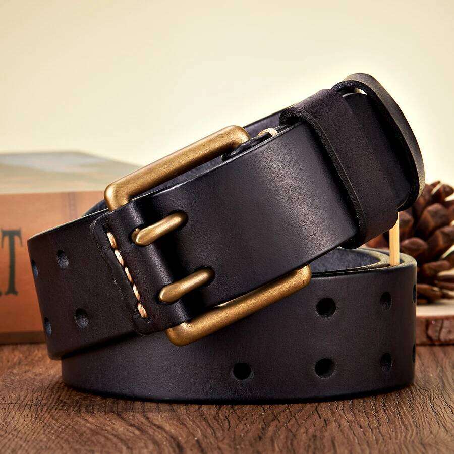 3.8cm Wide Retro Vintage Men's Cowhide Genuine Leather Copper Double Needle Buckle Handmade Cowboy Jeans Belt S260228