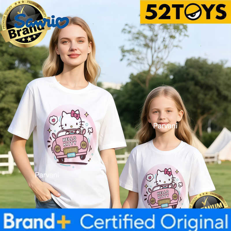 Sanrio 2026 Autumn-Winter Trending Hello Kitty Pink Car Print 100 Cotton Parent-Child T-Shirts High Quality Loose Casual Breathable H260302