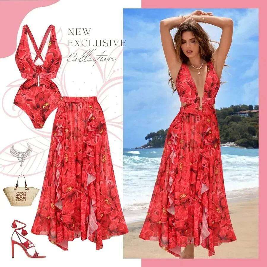 Floral Print Two Swimsuit Blooming Red Flower Vacation One Piece Set Swimwear Bathing Suit Bikini Resort Holiday Wear Z260301