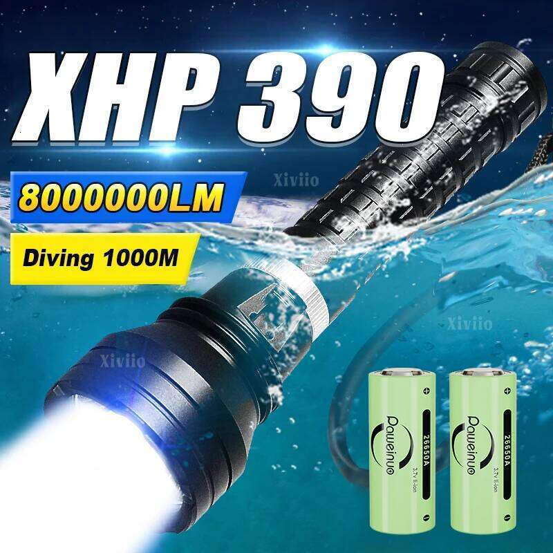XHP390 Flashlight 26650 Rechargeable Fixed Focus Super Bright Underwater Lantern 1000m Professional Diving Torch Z260301