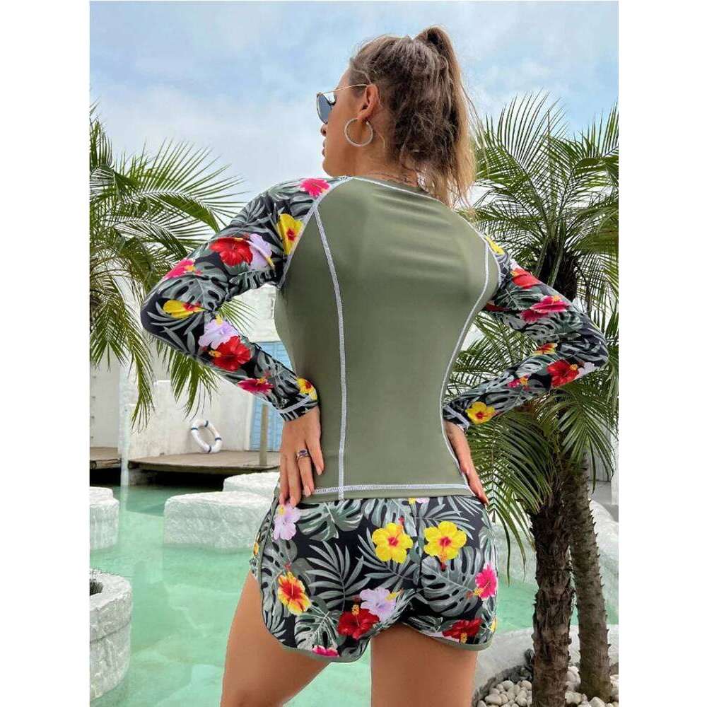 2025 New Tankini Women Swimsuit Tropical Print Bikini Set Long Sleeve Swimwear Summer Shorts Beachwear Female Bathing Suit Z260301