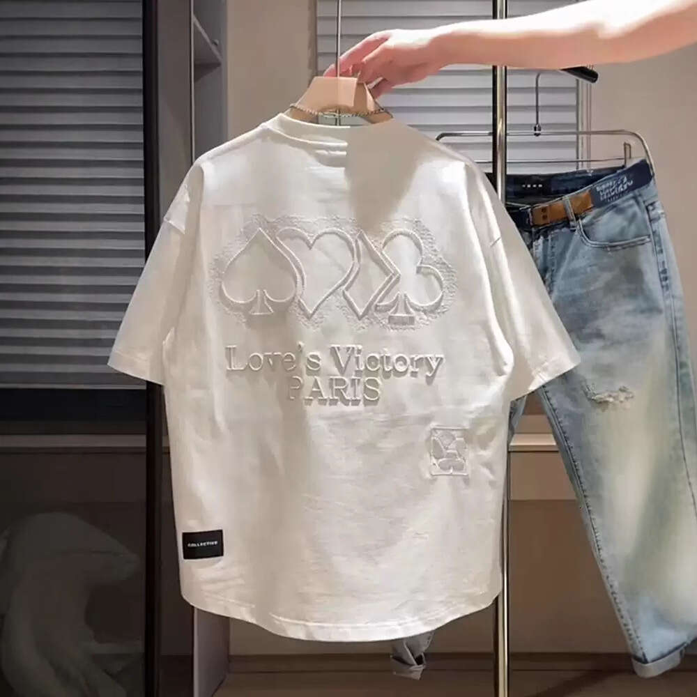 Summer New Heavy Embroidered Letter Crew Neck Short Sleeve Men's Trendy Loose Fit Breathable Turtleneck T-Shirt Base Shirt