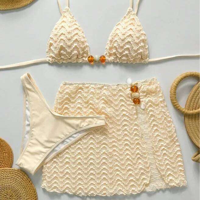 Sexy Bikini Set Women Halter Push Bra Skirt 3 Piece Swimsuit Bathing Suit Cover Up Thong Swimwear Biquini Z260301