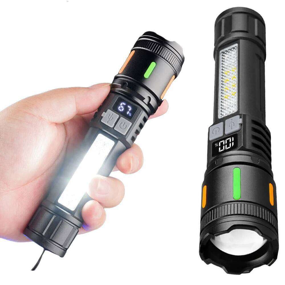 Telescopic Focus Torch USB Charging Handheld LED Flashlight Power Display 1200mAh Powerful Zoom Lamp for Camping Hiking Z260301