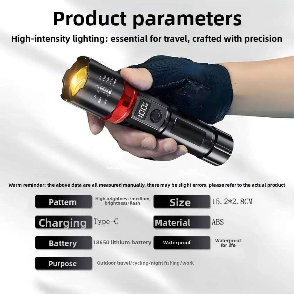 Rechargeable Super Bright Zoomable Flashlight with Digital Display High Lumens Long-range Beam for Outdoor Home Emergency Z260301