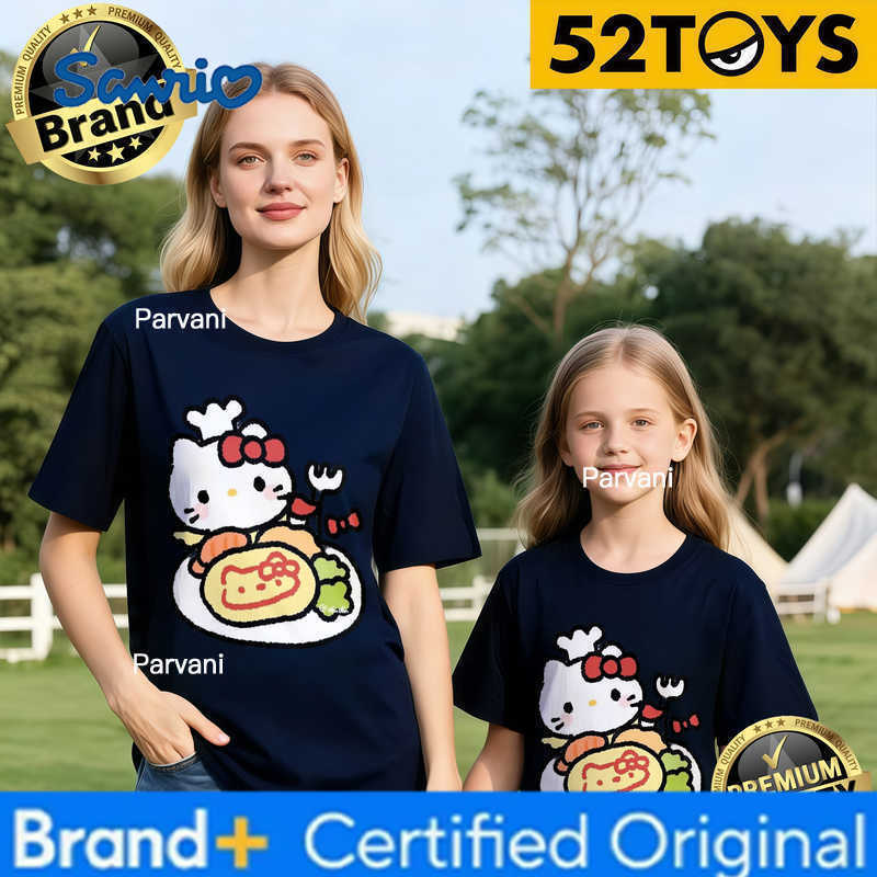 Sanrio 2026 Autumn-Winter Trending Hello Kitty Chef Print 100 Cotton Parent-Child T-Shirts High Quality Loose Casual Clothing Y2k H260302