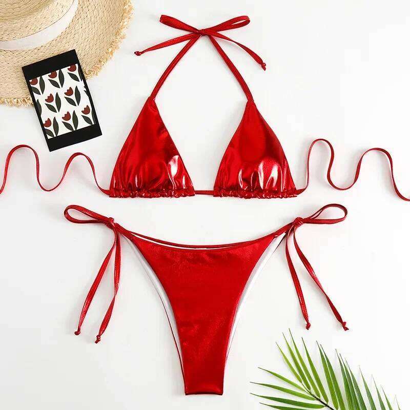 Sexy Red Shiny Triangle Micro Thong Bikinis Sets for Women Mini Swimwear Bathing Suits String Halter Bikini Mujer Swimsuit 2026 Z260301